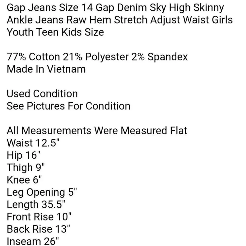 Gap Jeans Size 14 Girls Gap Denim Sky High Skinny Ankle Jeans Raw Hem Stretch